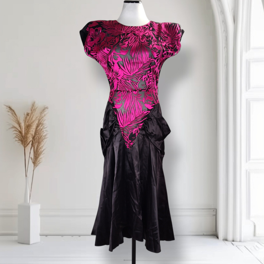 Vintage 80s Glam Gothic Pink Black Burnout Dress 40s Silhouette Size 6